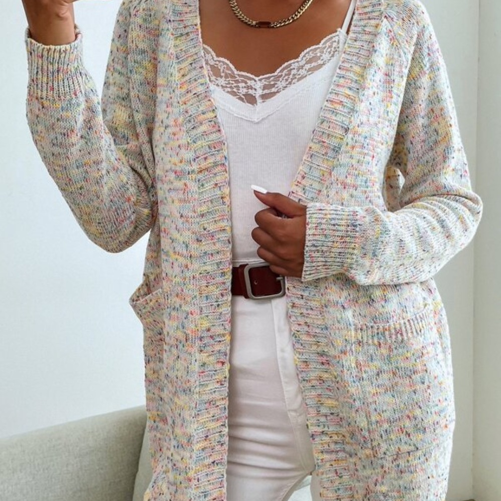 Cozy Cream Speckled Open Front Cardigan Pockets - Picture 4 of 5